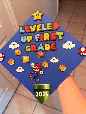Leveled Up First Grade Graduation Cap - Blue with Mario Decor